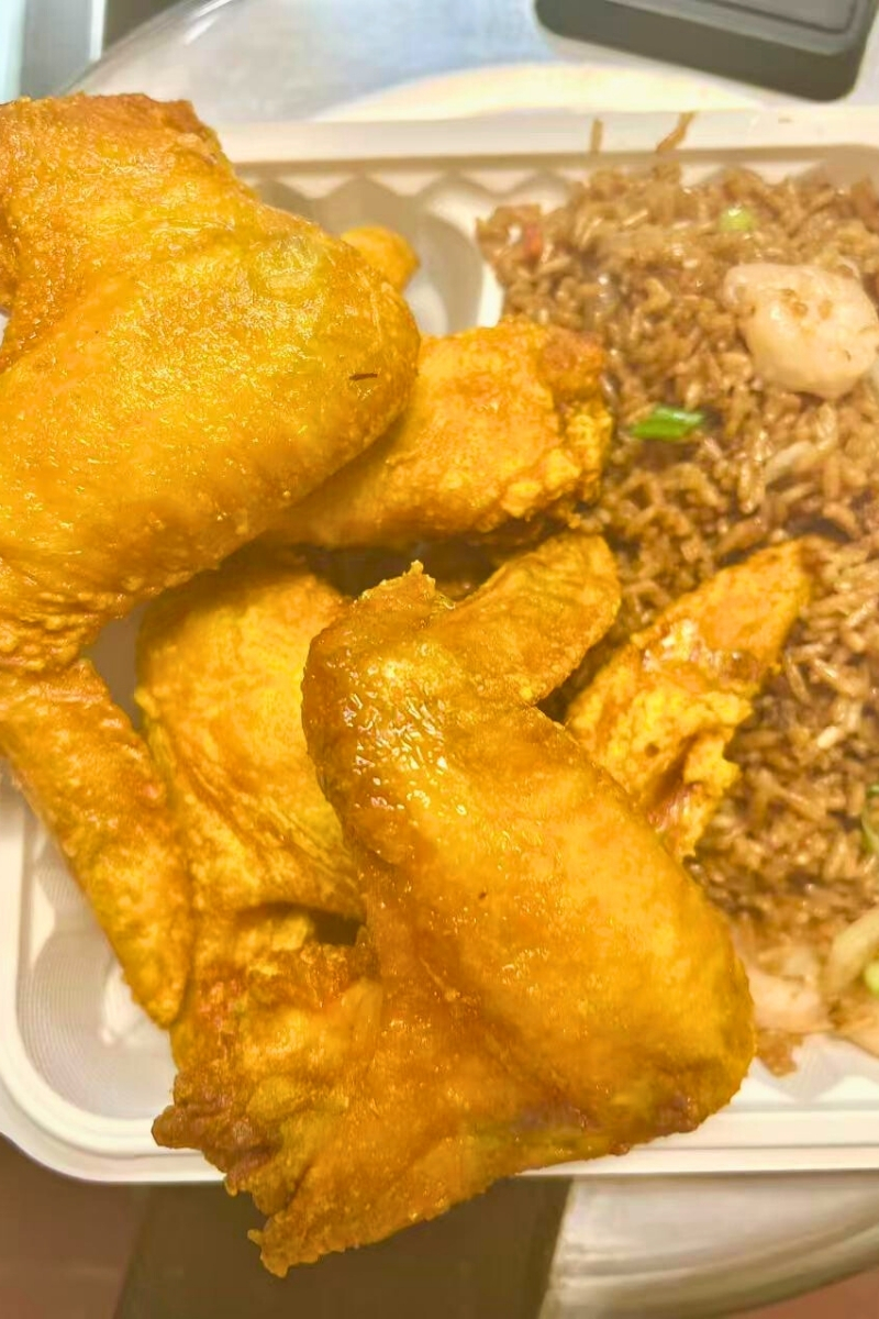 Fried chicken wings and shrimp fried rice at Green Jade,a Chinese Restaurant in Depew
