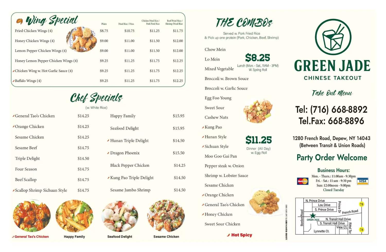Green Jade Menu Page 1,a Chinese Restaurant in Depew.