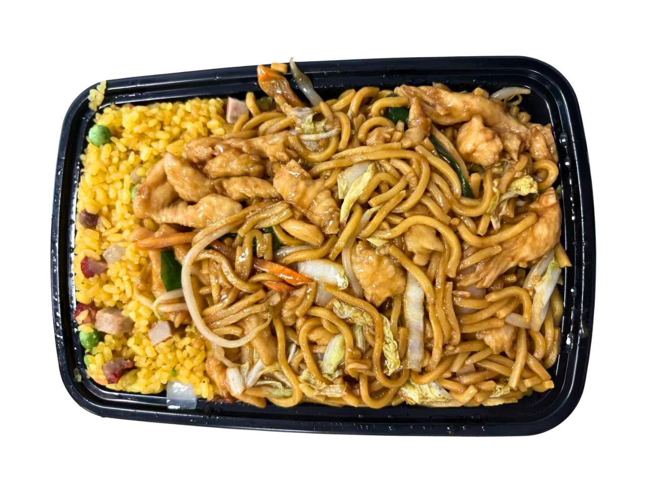 Green-Tea-Chinese-Restaurant-Chicken-Lomein-and-Fried-Rice-Combo-Staten-Island Chicken lomein served alongside fried rice in a meal box at Green Tea, a Chinese Restaurant in Staten Island