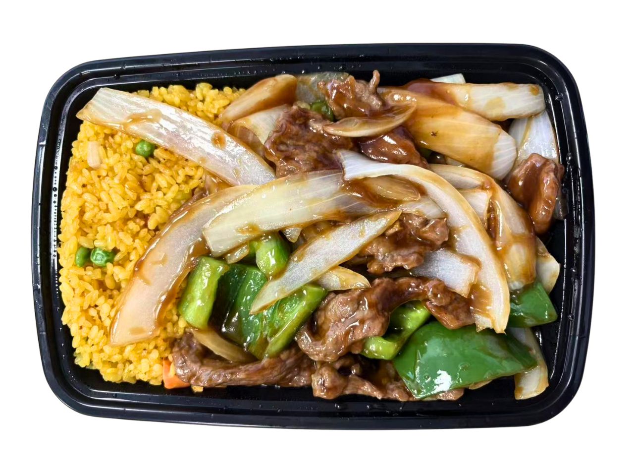 Green-Tea-Chinese-Restaurant-Beef-and-Pepper-with-Fried-Rice-Combo-Staten-Island Beef stir - fried with peppers and onions, served with fried rice at Green Tea, a Chinese Restaurant in Staten Island