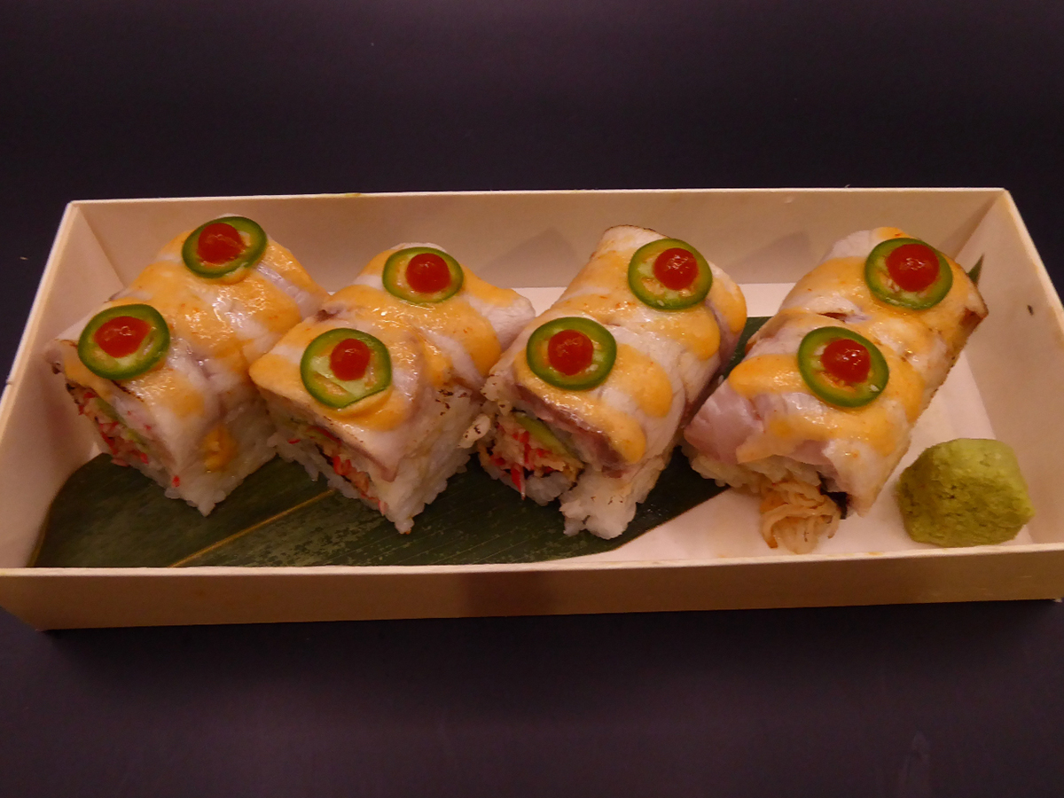 Hamachi King Roll at Hanabi Sushi & Boba，a Japanese Fusion Fast Casual Restaurant in San Francisco