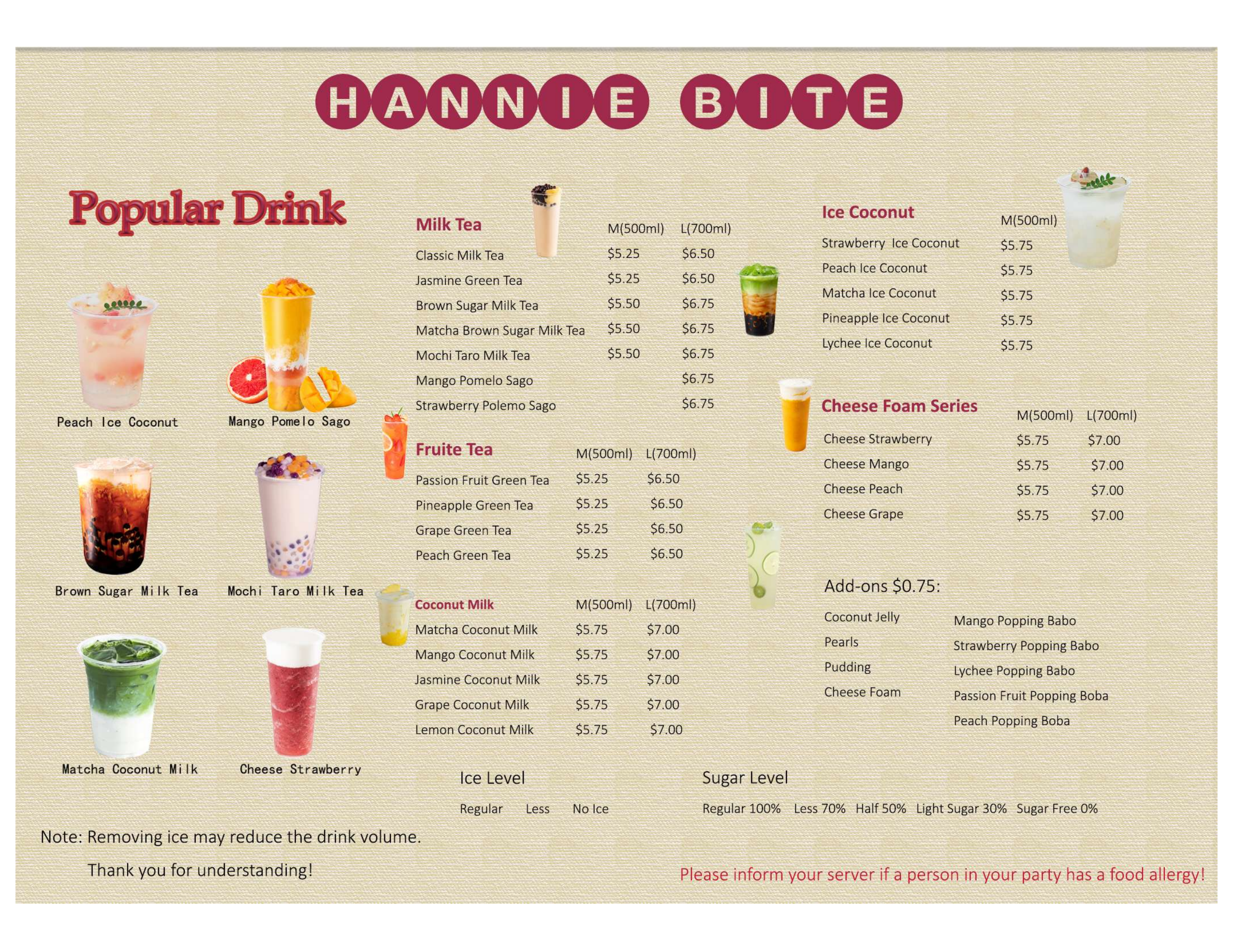 Hannie Bite Asian Restaurant Bubble Tea Menu Image, Philadelphia