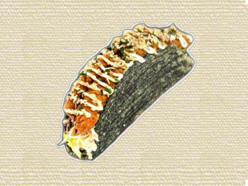Juicy crispy fried chicken in crispy seaweed taco at Hannie Bite, an Asian Restaurant in Philadelphia