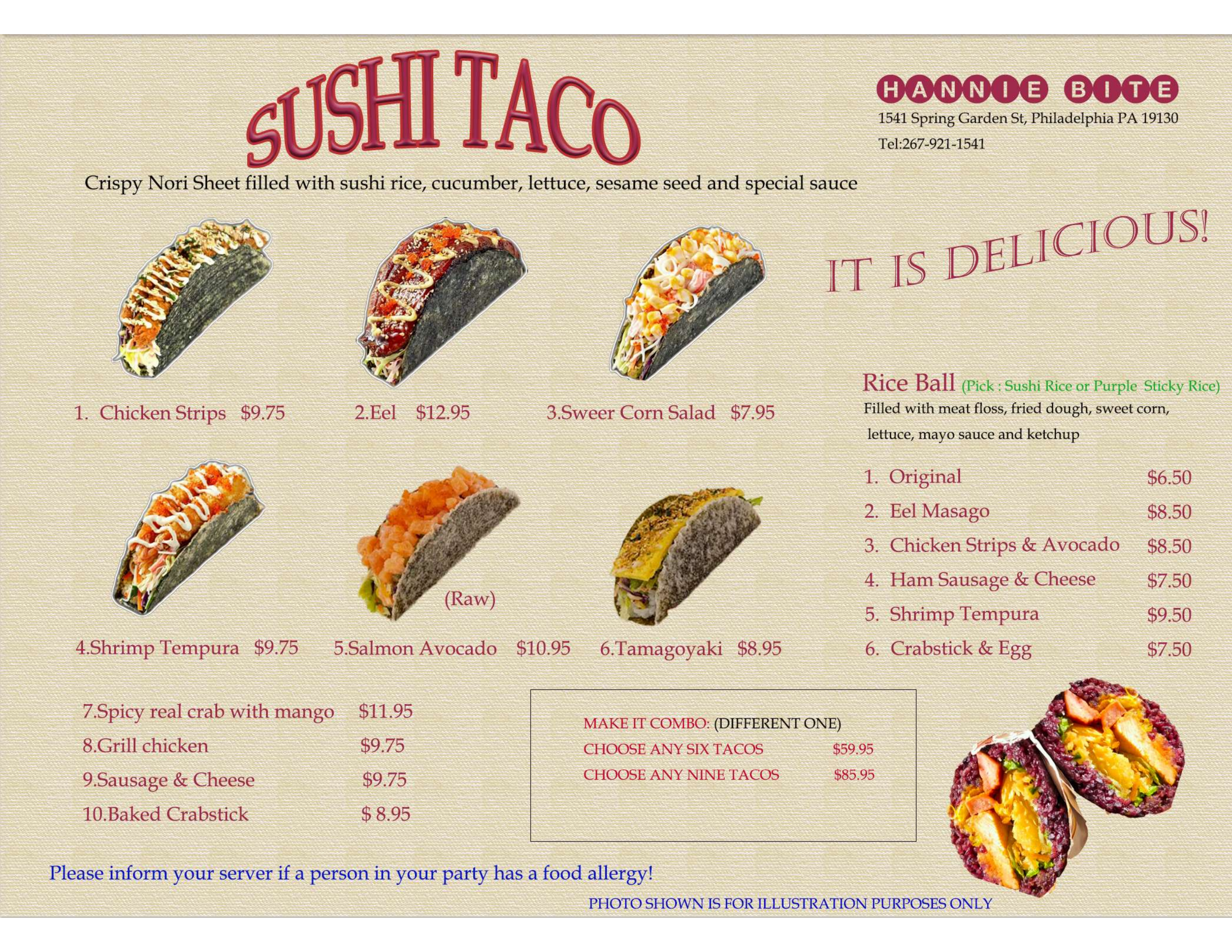 Hannie Bite Asian Restaurant Sushi Taco Menu Image, Philadelphia