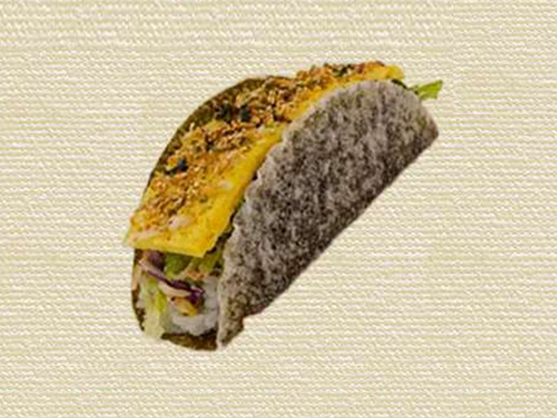 Sweet tamagoyaki wrapped in crispy nori taco shell at Hannie Bite, an Asian Restaurant in Philadelphia