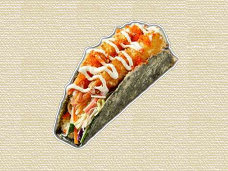 Crispy tempura shrimp filled in fresh nori taco at Hannie Bite, an Asian Restaurant in Philadelphia