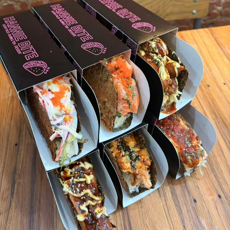 Assorted flavored sushi tacos arranged together at Hannie Bite, Asian Restaurant in Philadelphia