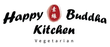Happy Buddha Kitchen Vegetarian logo, featuring the brand name in stylized black font with a red oval emblem containing Chinese characters "素緣"