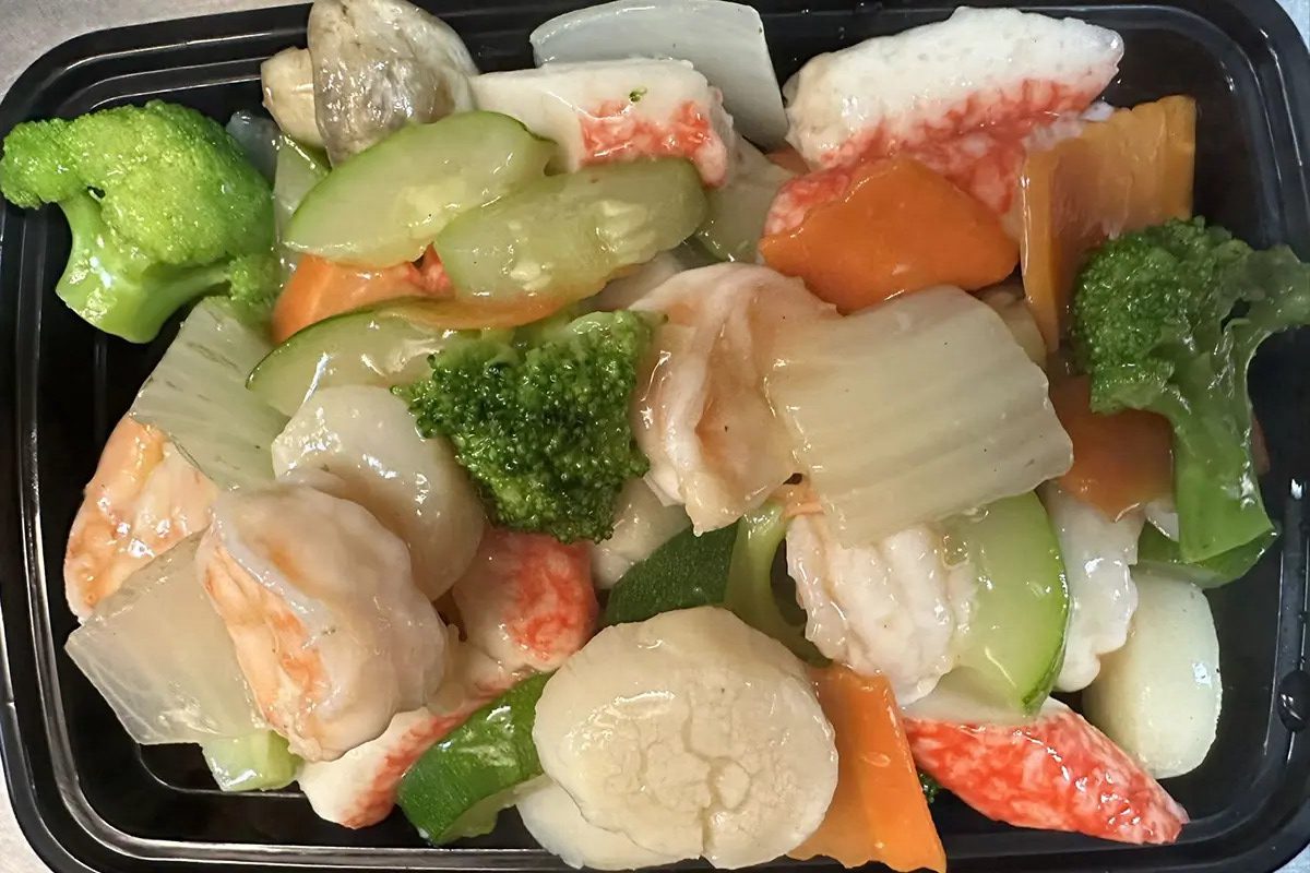 Stir-fried seafood (shrimp, scallop, crab) with mixed vegetables at Happy China, a Chinese Restaurant in Martinez