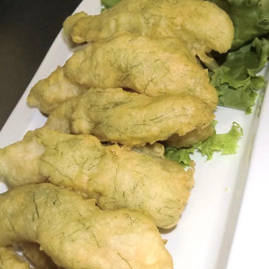 Crispy fried fish fillet with seaweed in batter, served on lettuce at Happy Kitchen, a Chinese restaurant in Chino Hills