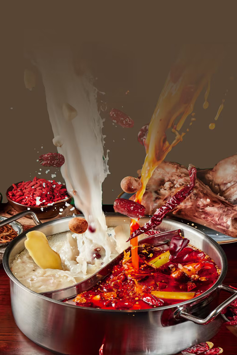 Broths being poured into a split hot pot pot at Happy Lamb Hot Pot Restaurant in Austin