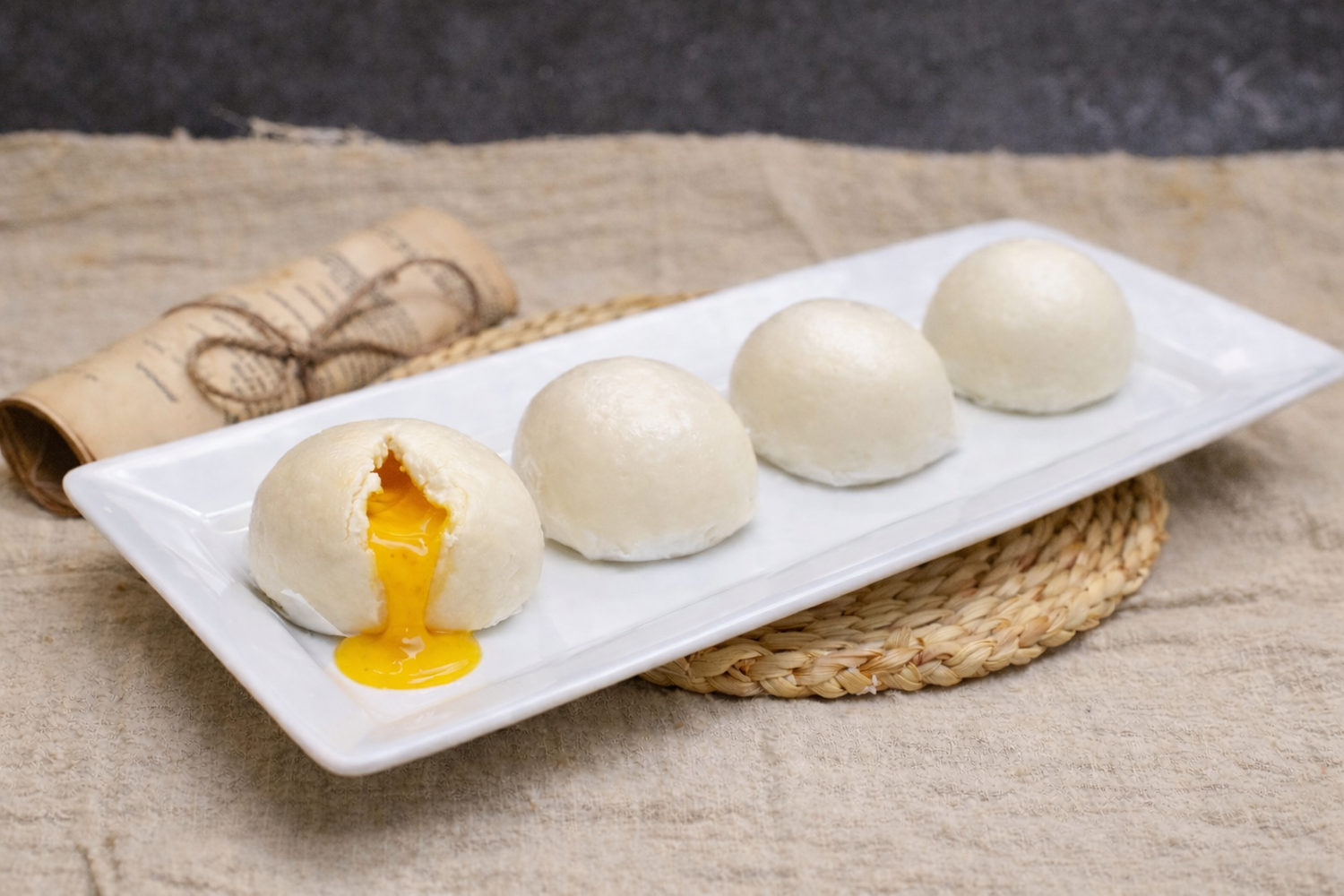 Steamed buns with oozing salted egg yolk filling at Happy Valley Wok, a Asian Restaurant in Happy Valley