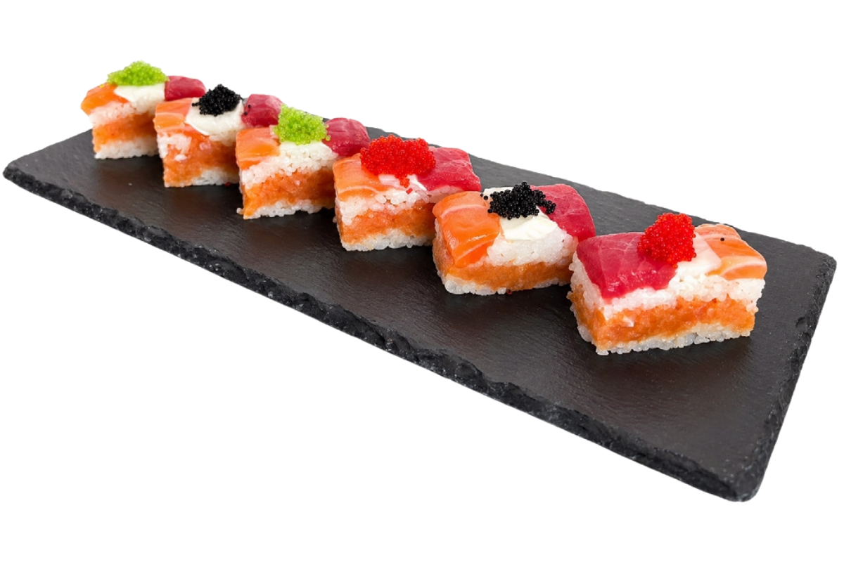 Layered sashimi pressed square sushi at Haru, a Japanese Restaurant in MIDDLETON