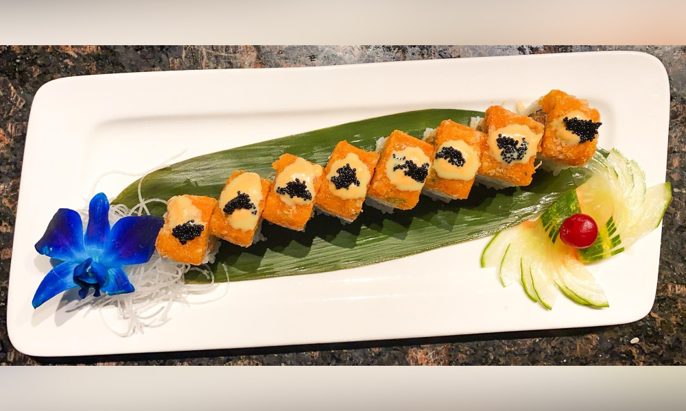 Sushi roll with caviar and sauce at Haru Sushi, a Japanese restaurant in Williamsburg