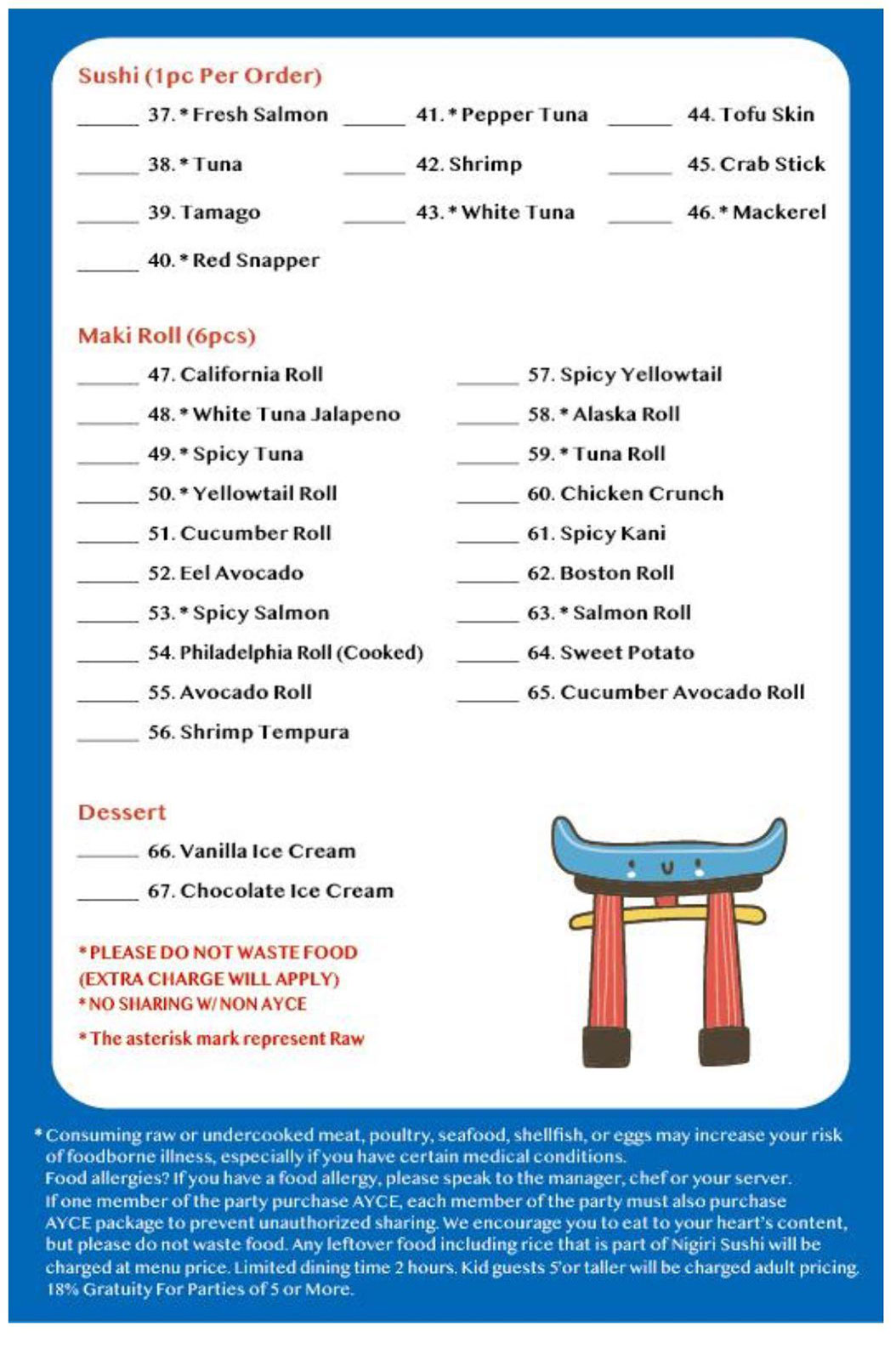 Japanese restaurant lunch menu sushi, maki rolls, and dessert page