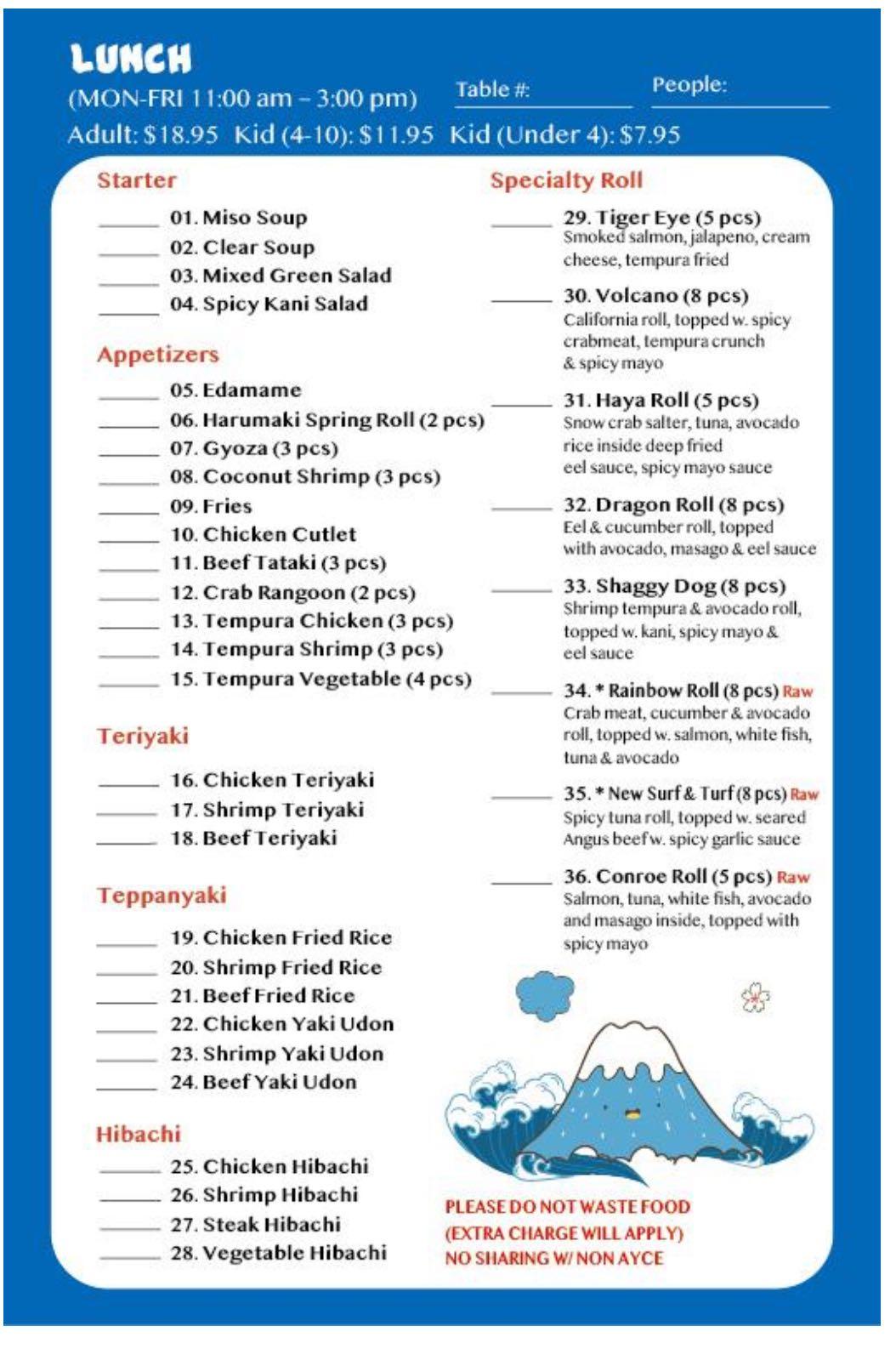 Japanese restaurant lunch AYCE menu with sushi, hibachi, and rolls