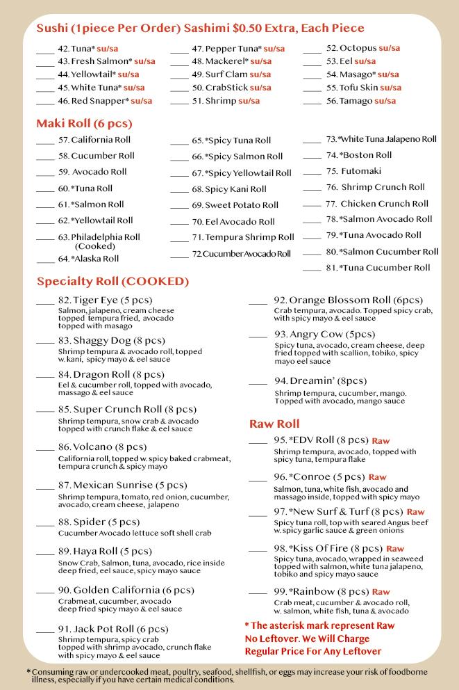 Japanese restaurant dinner menu sushi, maki, and specialty rolls page
