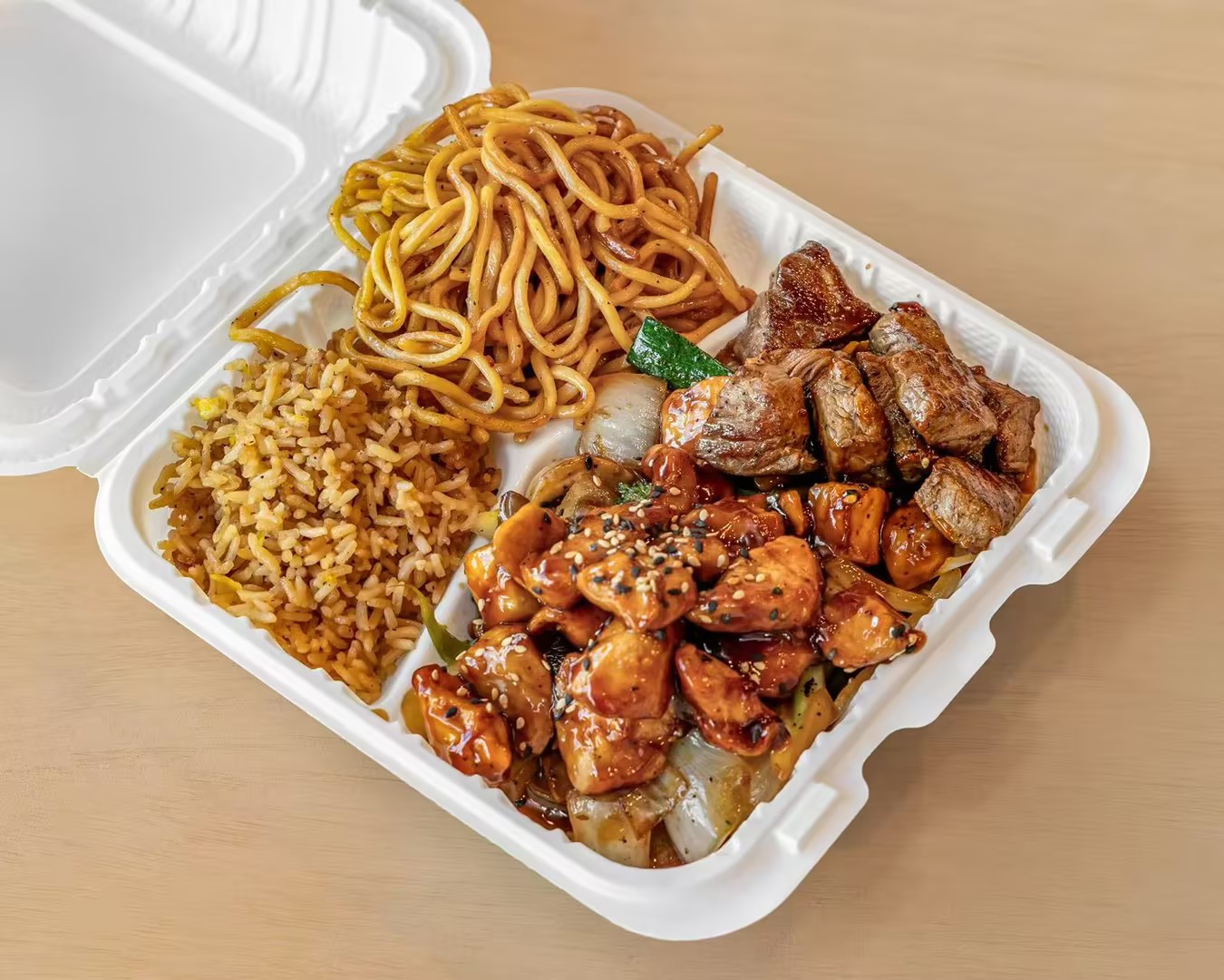Beef and chicken hibachi combo with fried rice and lo mein at Hibachi Station, a Japanese Restaurant in Troy