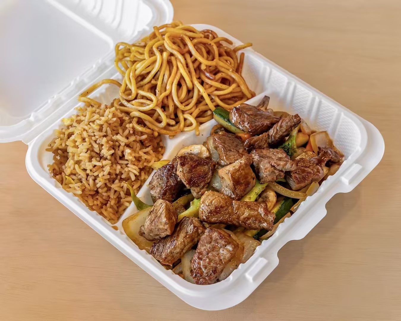 Beef hibachi combo with fried rice, lo mein and mixed veggies at Hibachi Station, a Japanese Restaurant in Troy
