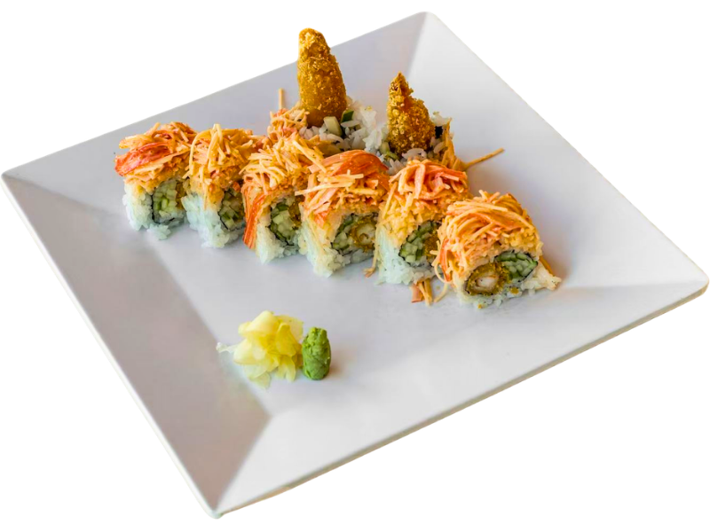 Crispy shrimp sushi roll with crab and cucumber toppings at Hibachi Station, a Japanese Restaurant in Troy