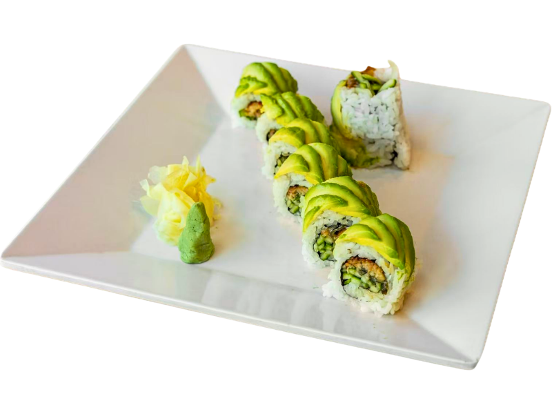Fresh avocado sushi roll with crispy filling and cucumber inside at Hibachi Station, a Japanese Restaurant in Troy