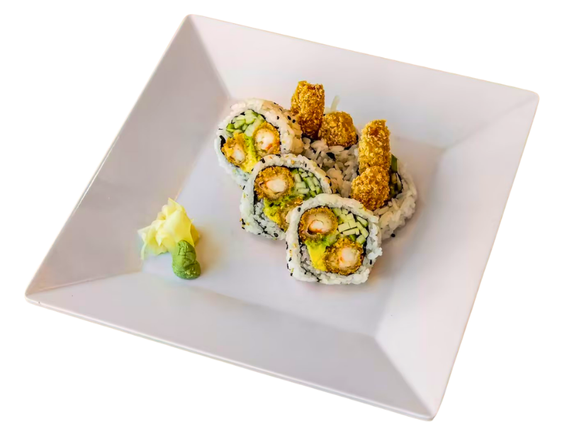 Fried shrimp sushi roll with avocado and cucumber inside at Hibachi Station, a Japanese Restaurant in Troy