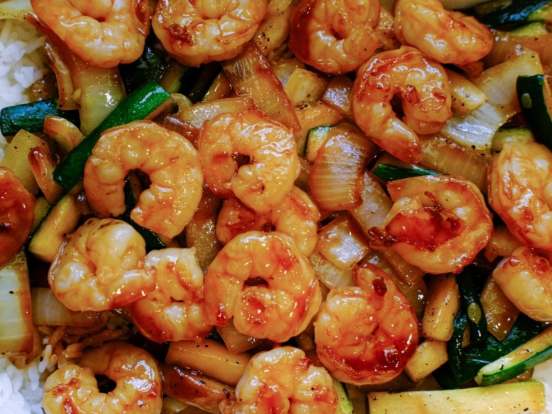 Glazed shrimp with veggies over rice at Hibachi & Wings Express, a Asian restaurant in Florence