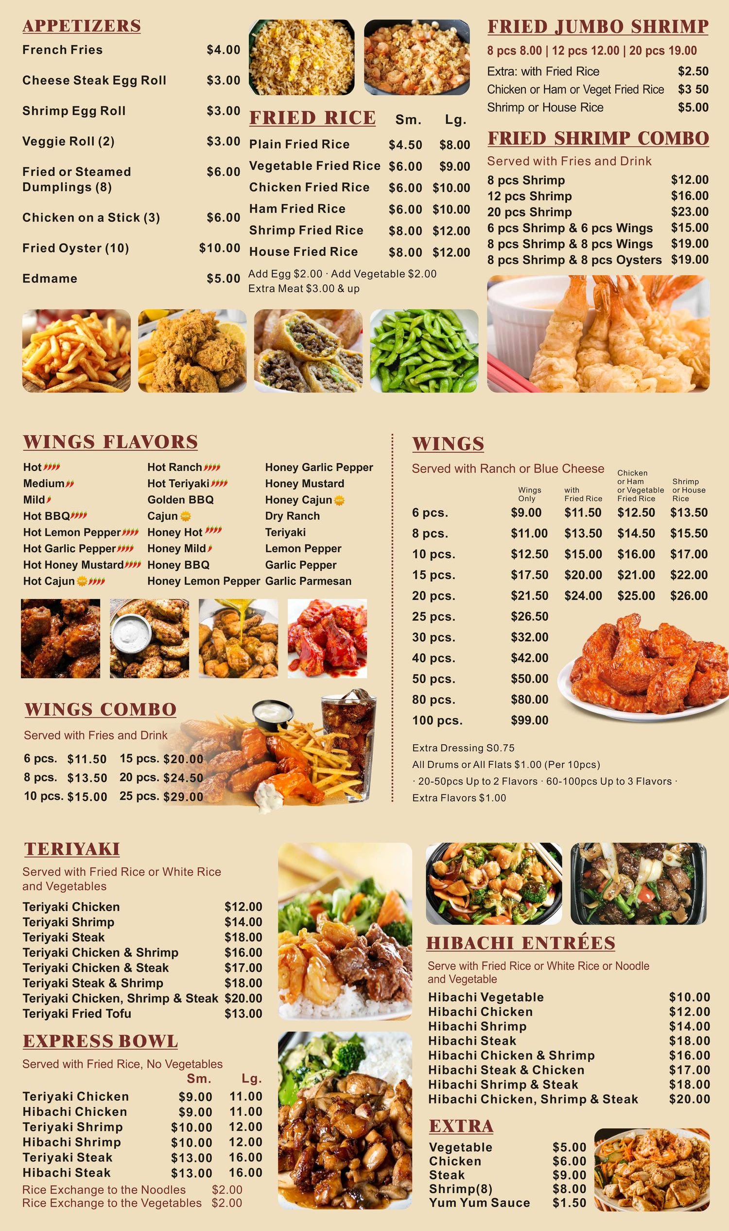 Restaurant menu, detailed description provided below