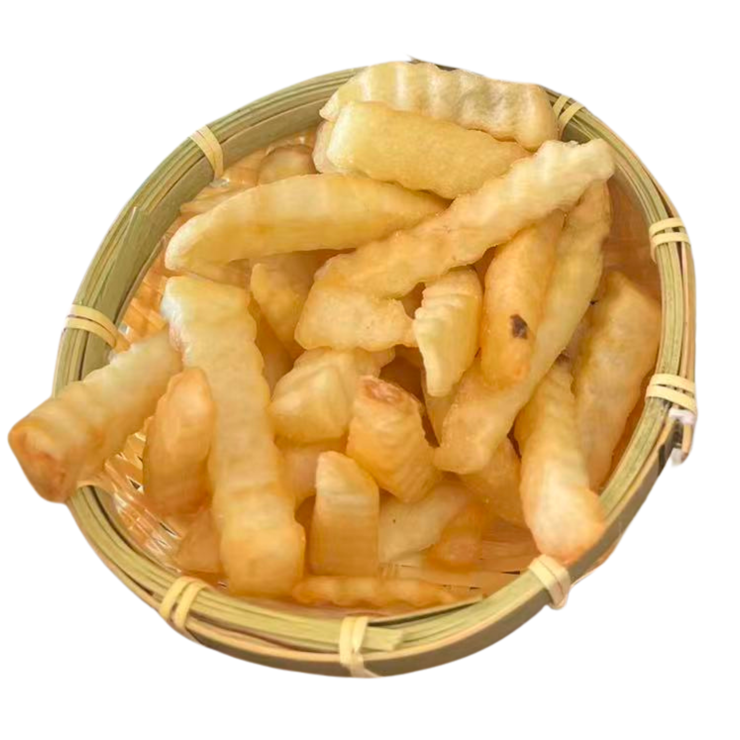 Golden crinkle - cut fries in a bamboo basket at Hibachi X Ramenn, a Japanese Restaurant in Hicksville