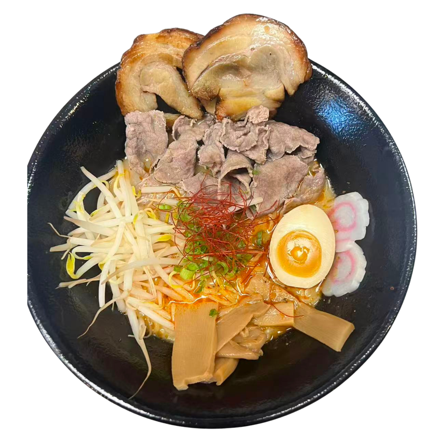 Spicy ramen loaded with pork, beef and soft egg at Hibachi X Ramenn, a Ramene Restaurant in Hicksville