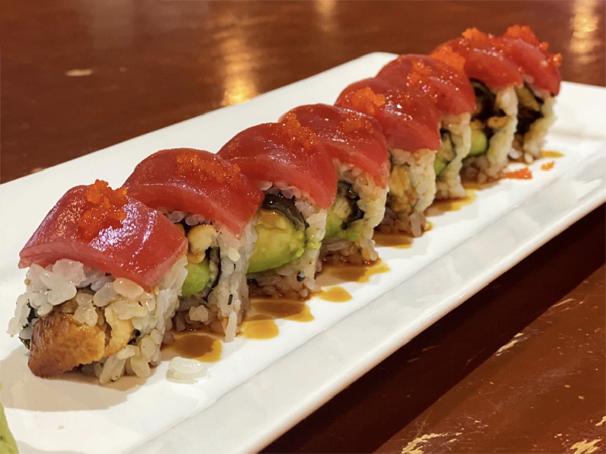 Tuna avocado roll with tobiko and eel sauce at Hikari Sushi, a Japanese Restaurant in Jacksonville