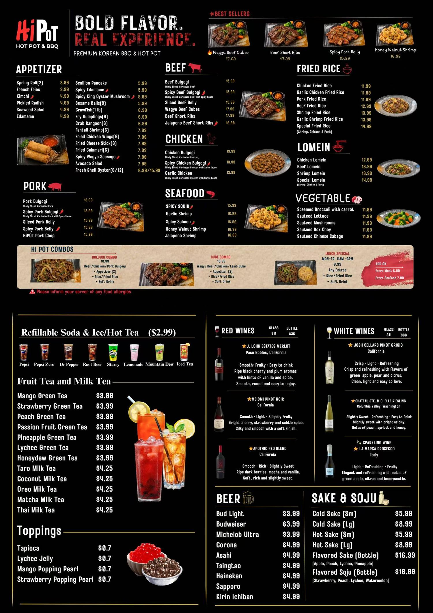 Restaurant menu, detailed description provided below
