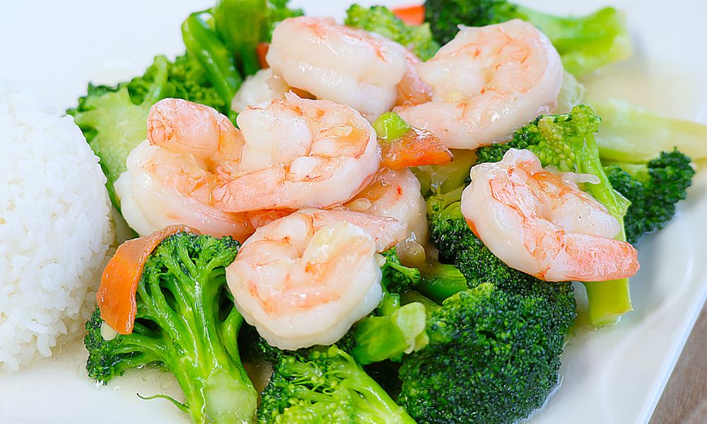 Rice with broccoli and prawns at Hong Kong City Restaurant, a Chinese Restaurant in Alameda