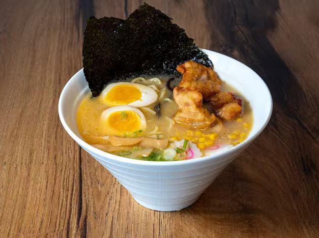 Ramen with karaage chicken, egg and corn at Hokkaido Ramen, a Japanese restaurant in Kill Devil Hills