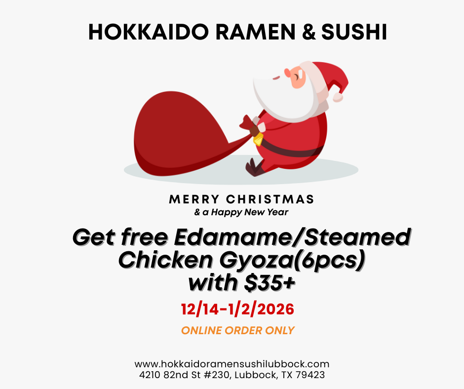 Christmas promotion poster for Hokkaido Ramen & Sushi: free edamame or chicken gyoza with $35+ online orders.