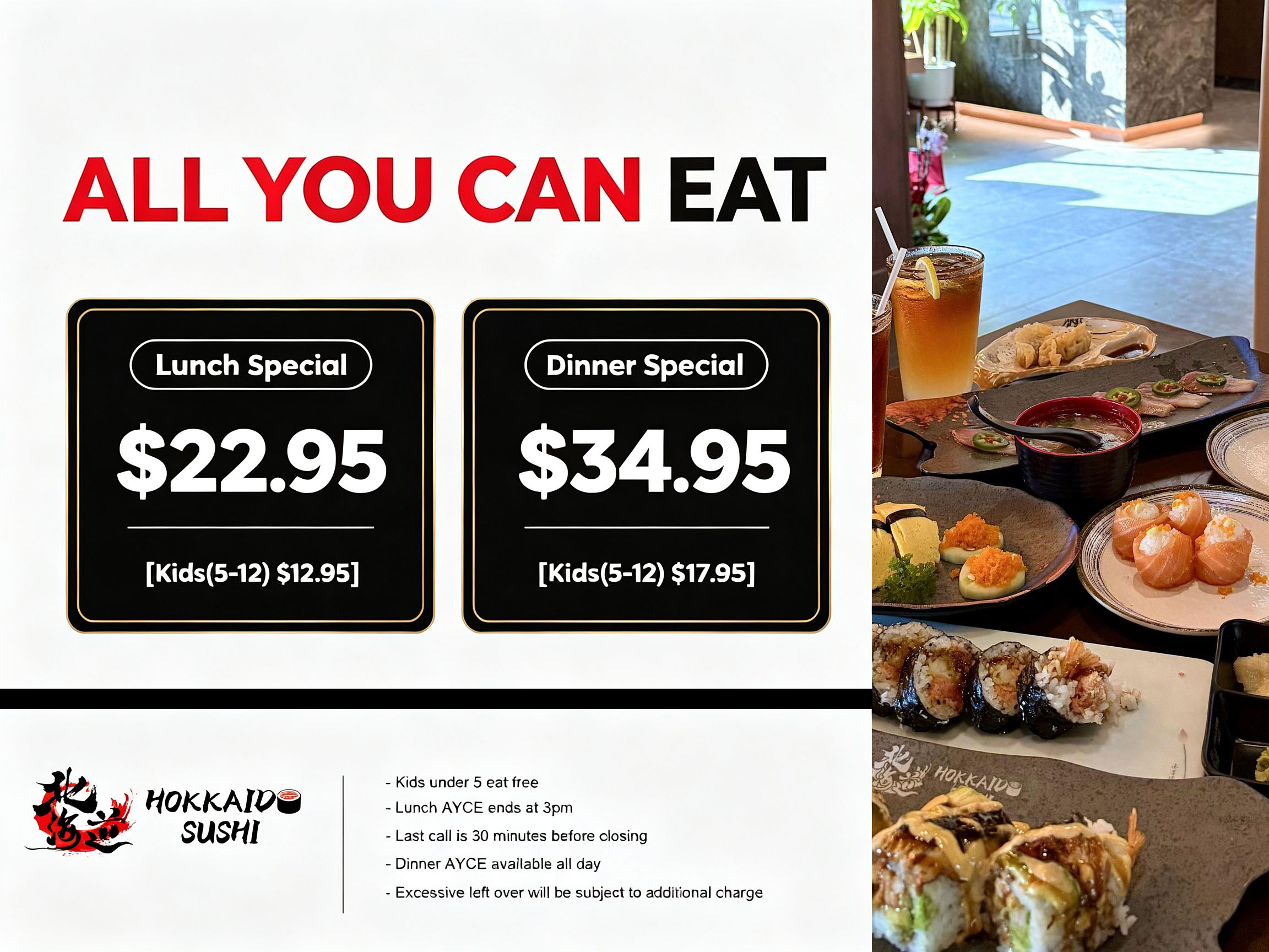 AYCE dining promotion graphic featuring lunch and dinner pricing and assorted sushi meal photography at Hokkaido Sushi, Japanese Restaurant in Grapevine