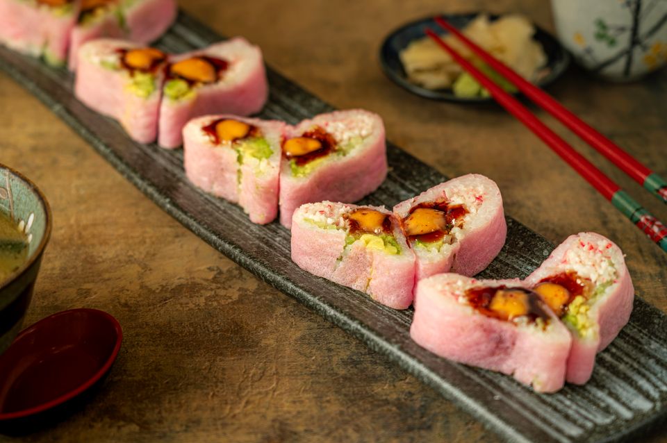 Pink Heart Sushi Roll at Hokkaido Sushi & Ramen, Japanese Restaurant in Portland