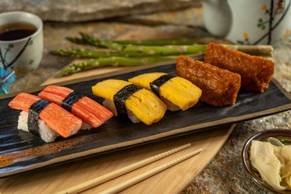 Vegetarian nigiri set with crab stick, tamagoyaki and fried tofu pouch at Hokkaido Sushi Bar, a Japanese Restaurant in Vancouver