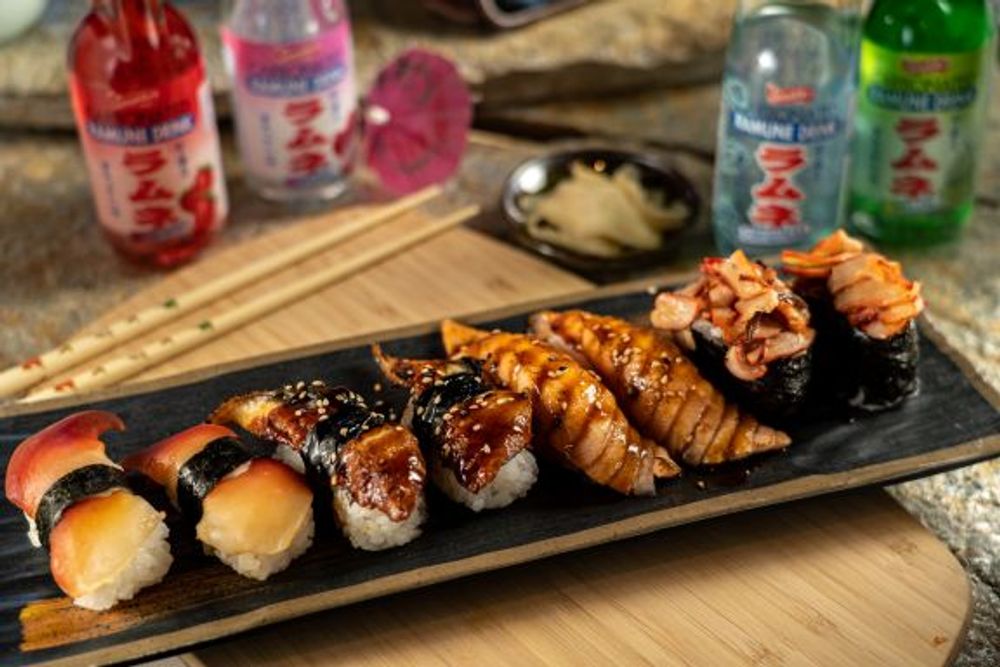 Mixed premium nigiri platter with eel, surf clam and spicy seafood toppings at Hokkaido Sushi Bar, a Japanese Restaurant in Vancouver