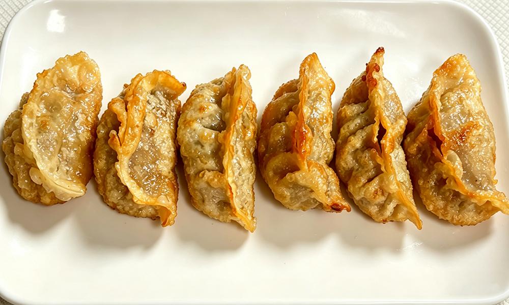 Crispy golden fried dumplings on a white plate at Hongda Dough House, a Chinese Restaurant in North Plains