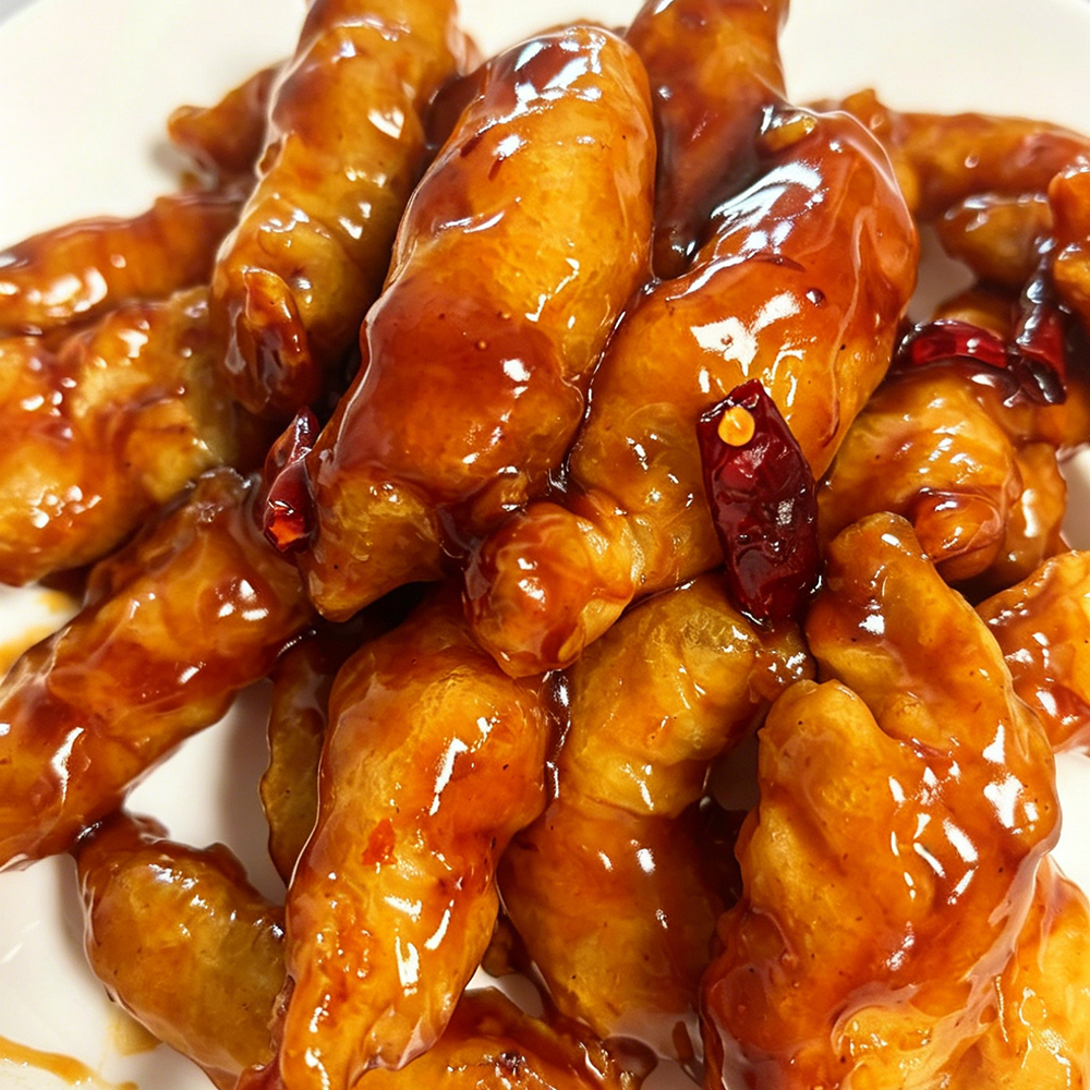 Glazed orange chicken with crispy skin and sweet sauce at Hongda Dough House, a Chinese Restaurant in North Plains