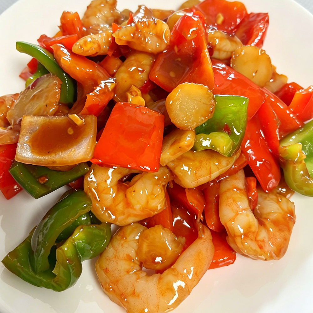 Stir-fried shrimp with bell peppers and scallops in glossy sauce at Hongda Dough House, a Chinese Restaurant in North Plains