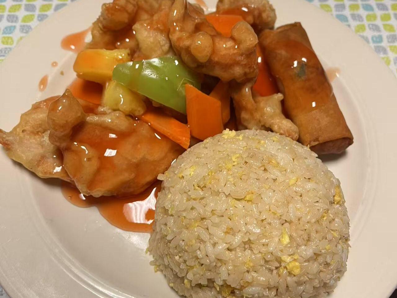 Sweet & sour pork with fried rice and egg roll