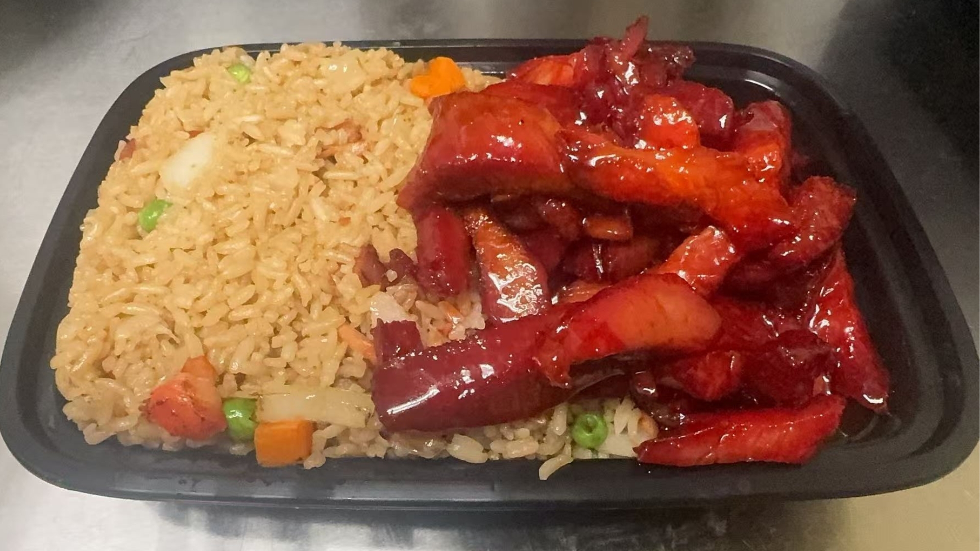 Hong-Kong-One-Chinese-Restaurant-BBQ-Pork-with-Rice-Rochester BBQ pork served with fried rice, a Chinese Restaurant in Rochester.