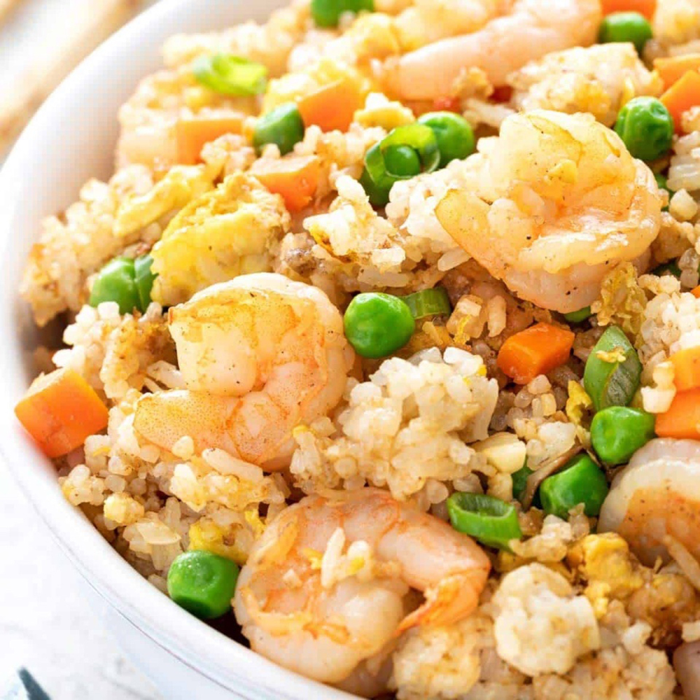 Fried rice with fresh shrimp, peas, carrots, and eggs, featuring distinct grains at Hot Dumpling, a Chinese restaurant in Lake Forest