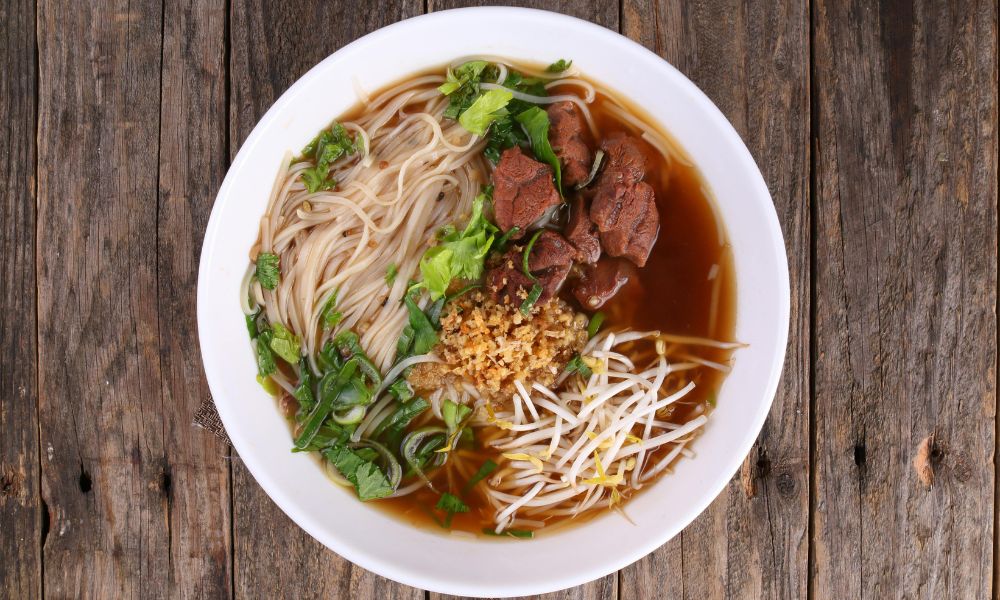 Beef noodle soup with rice noodles, herbs, and bean sprouts at Hot Point The Dalles, a Chinese restaurant in The Dalles