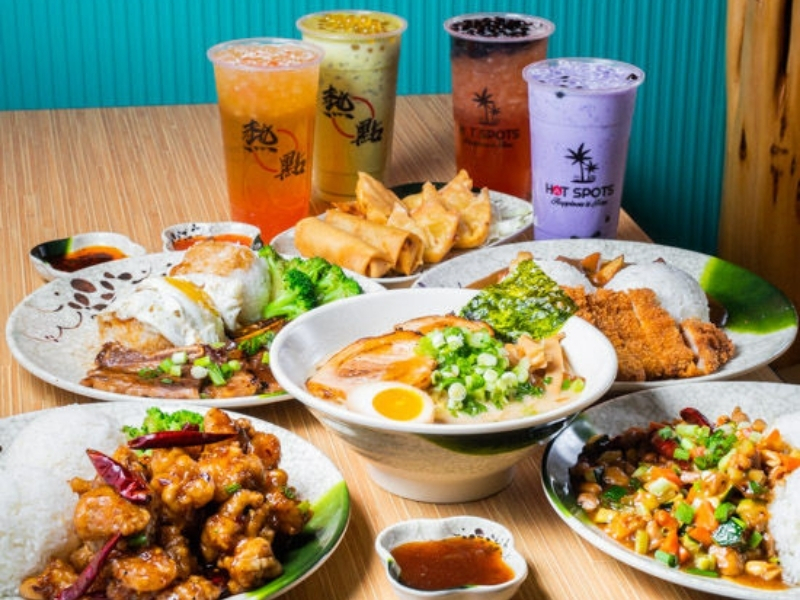 Hot-Spots-Eat-Fresh-Chinese-Restaurant-Assorted-Dishes-and-Bubble-Tea-Denton Assorted Chinese dishes like ramen, fried rice, and bubble teas, diverse and delicious at Hot Spots Eat Fresh, a Chinese Restaurant in Denton