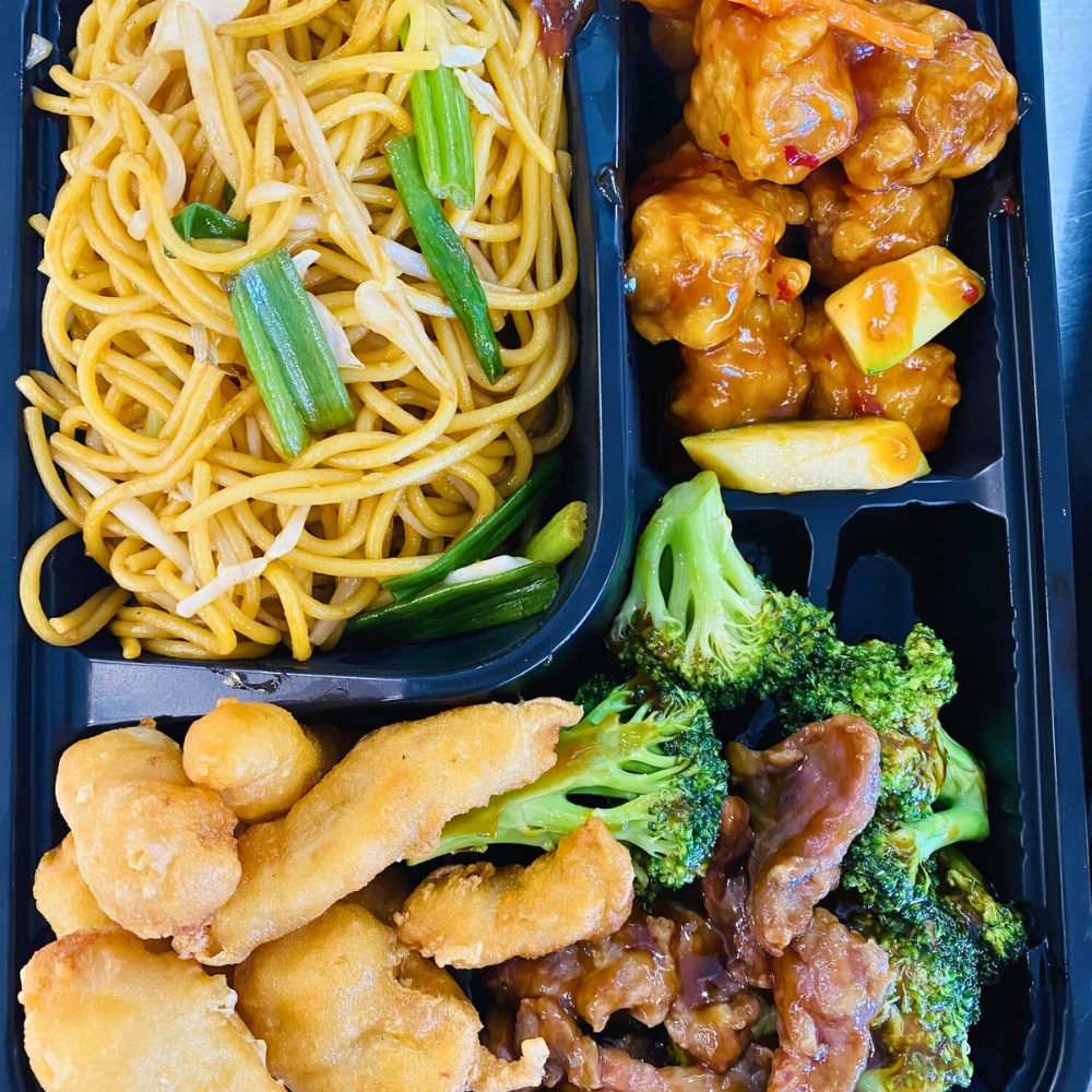Noodle combo with sweet and sour chicken, veggies at Hoya Asian Express, a Chinese Restaurant in Watertown
