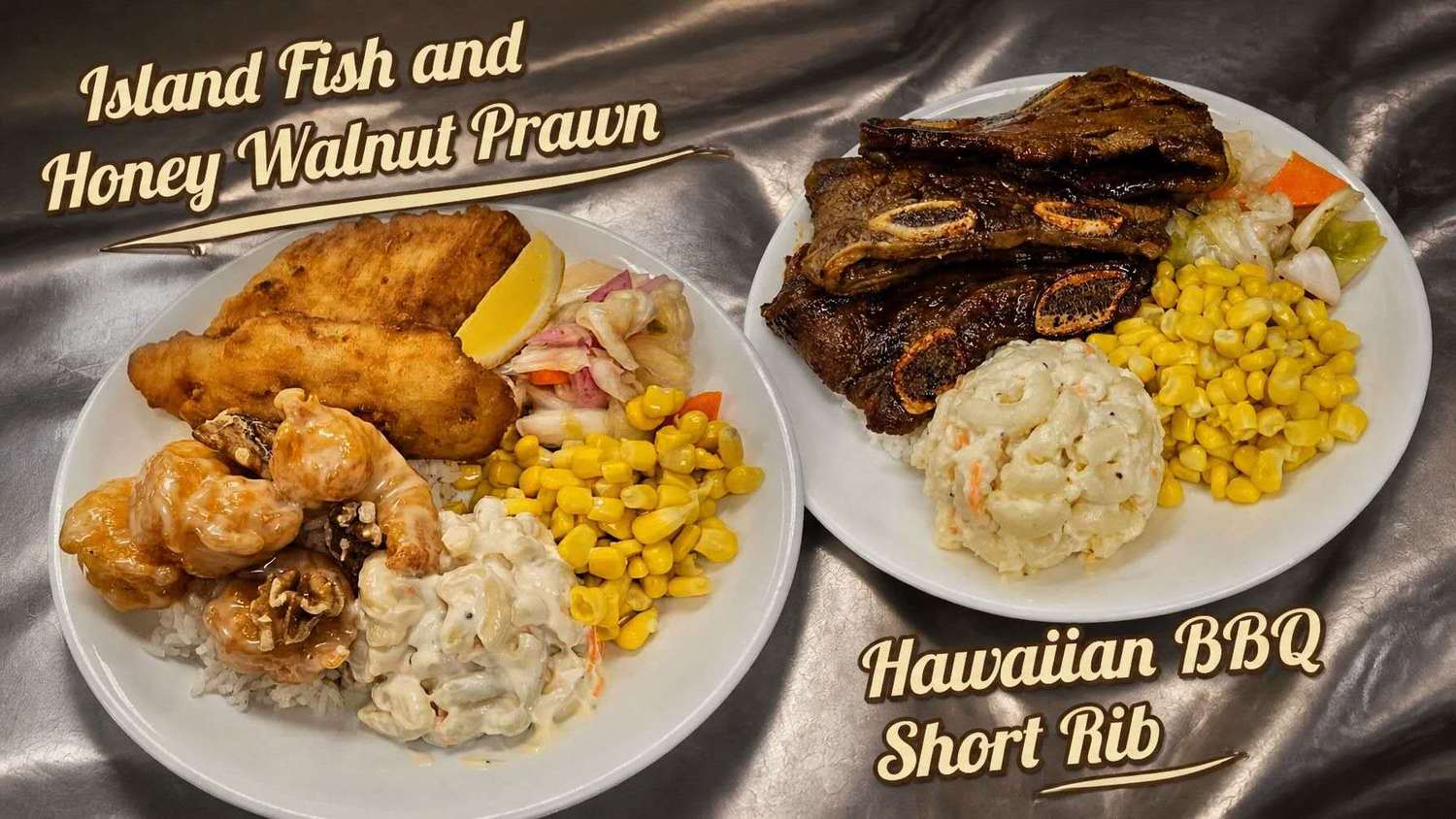 Poster of seafood combo and BBQ short rib rice plates at Hula Plate Co, a Hawaiian Restaurant in San Jose