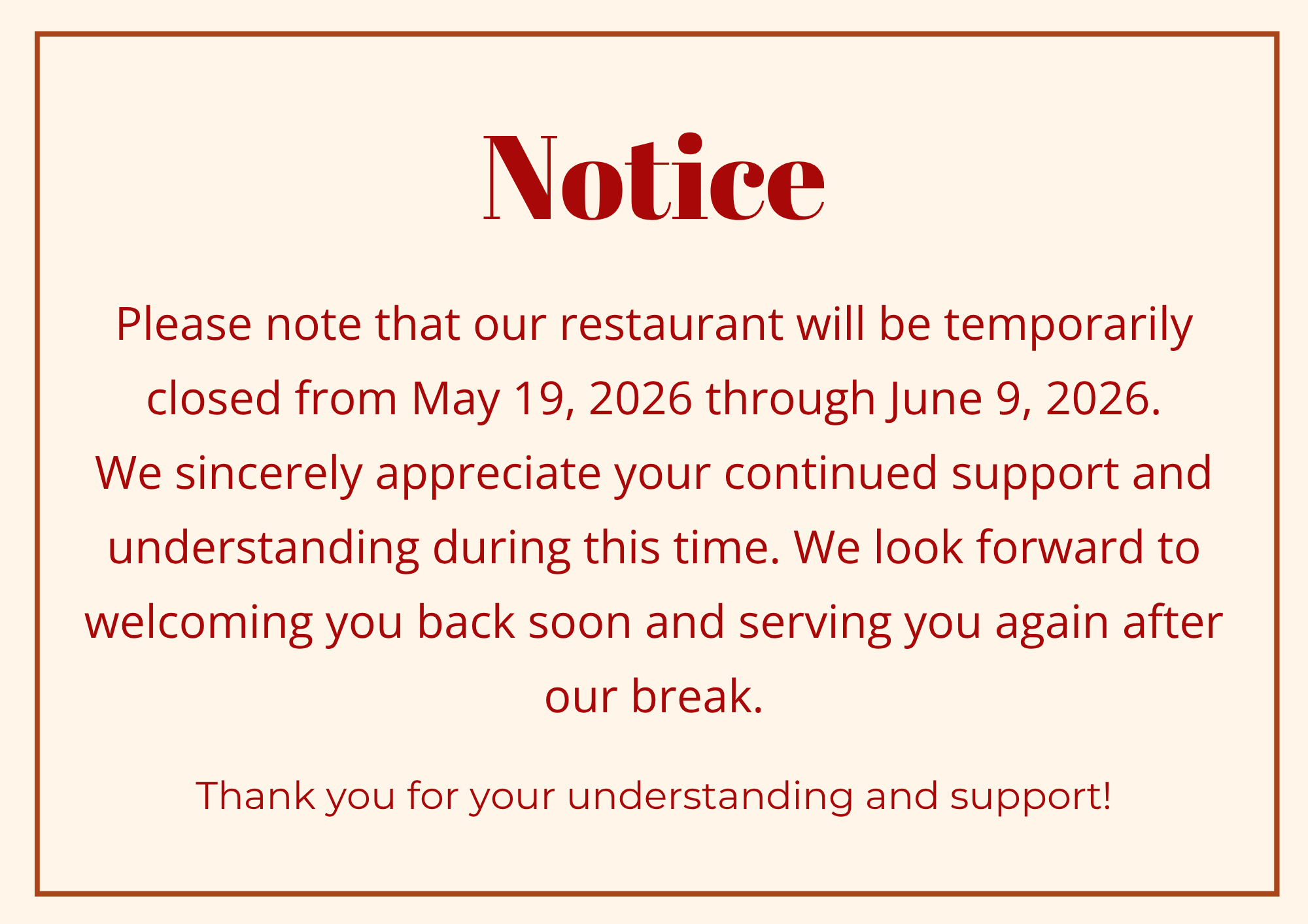 Notice of Special Operating Hours